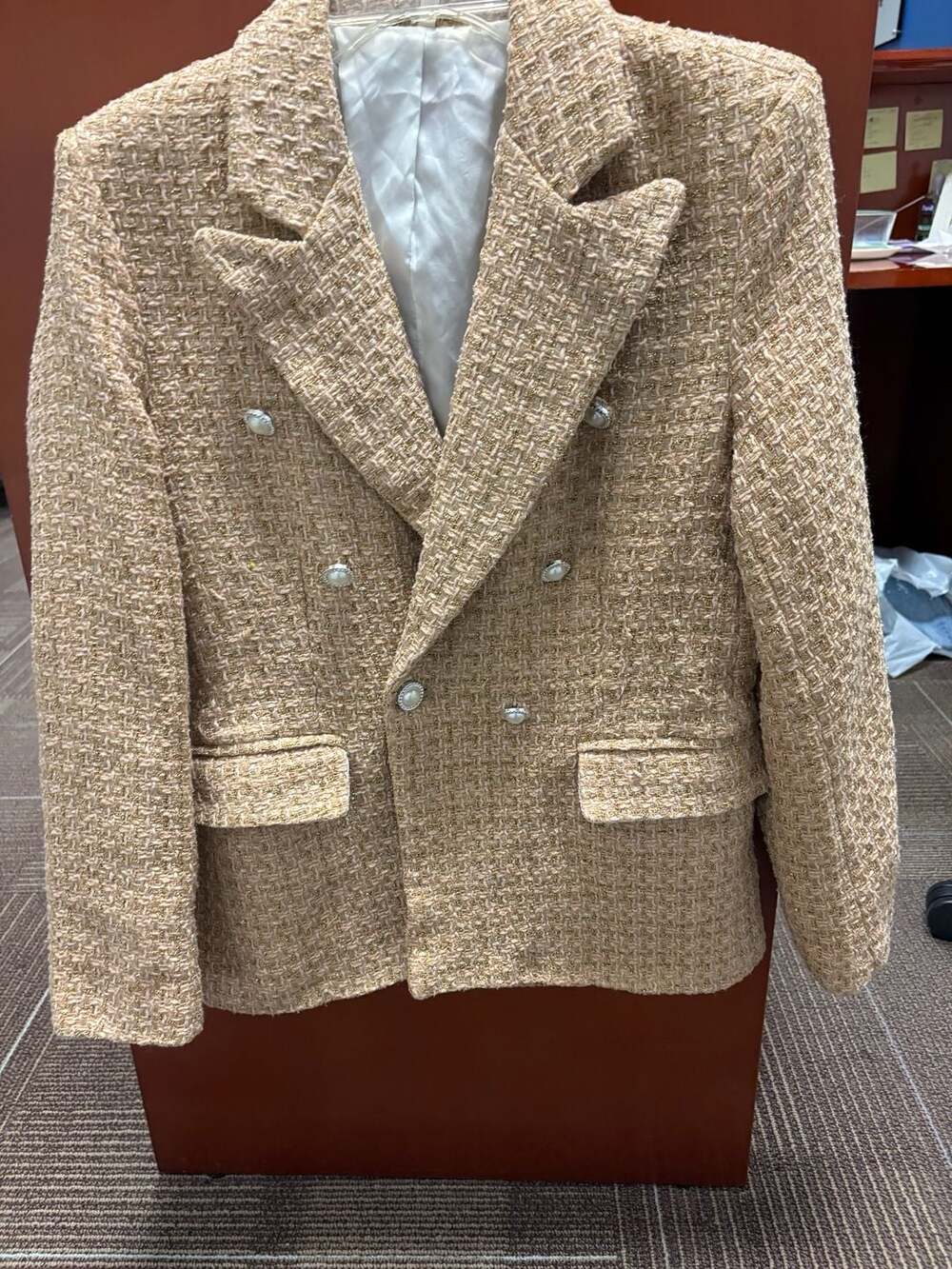 Boutique Tweed Blazer Size M Metallic Gold Double Breasted Pearl Buttons
